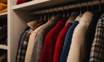 A closet with many different colored sweaters photo