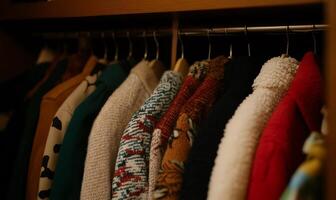 Row of clothes on hangers in a closet. Variety of colors and patterns photo