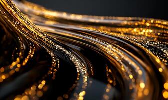 Abstract flowing golden ribbons on a dark background. Shimmering, fluid, and elegant design photo