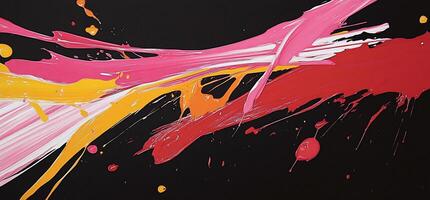 Abstract painting with vibrant streaks of pink, white, yellow, and red paint on a black background, showcasing dynamic movement and energetic splashes photo