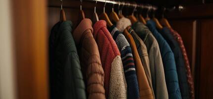 Assorted jackets hanging in a closet photo