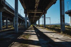 Empty space beneath highway overpass. Shadows stretch across the ground photo
