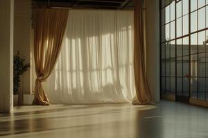 Empty studio space with sheer curtains, sunlight filtering through large windows photo