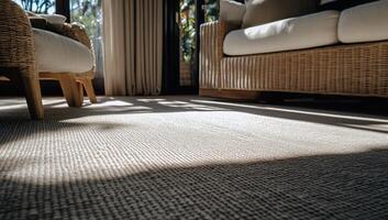 Light beige textured carpet with sunlight streaming through large windows onto the floor. Wicker armchairs and sofa visible in the background photo