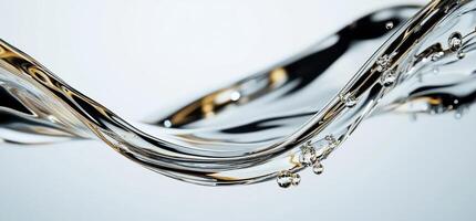 Fluid silver liquid in motion. Detailed closeup of a liquid's dynamic flow with subtle gold highlights photo
