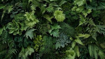 Lush green wall of various plants. Detailed close-up of succulents, ferns, and foliage photo
