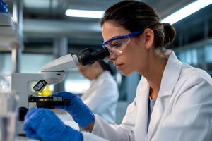 Focused scientist examining sample under microscope in lab setting photo