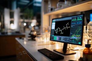 Lab computer displays chemical structure and data photo