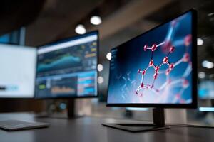 Multiple computer monitors displaying data visualizations and a molecule photo