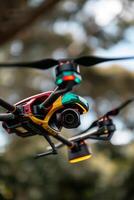 A colorful drone flying in the air photo