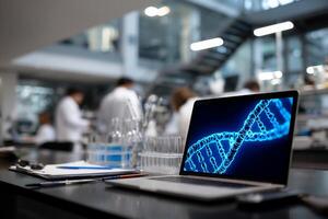 Laptop displaying DNA helix image in a modern laboratory setting. Scientists in white lab coats are visible in the background photo