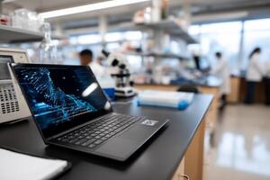Modern laptop on lab bench, data visualization photo