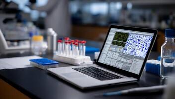 Laptop displaying microscopic images on a lab bench, surrounded by test tubes and other lab equipment photo