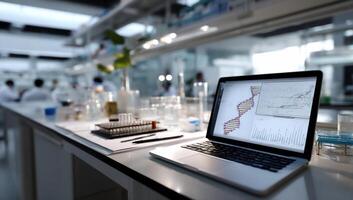 Laboratory workspace with laptop displaying scientific data. Research, data analysis, and lab equipment are visible in the foreground photo