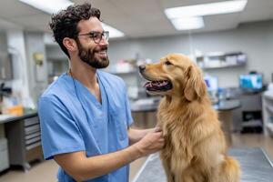 Smiling vet interacts with golden retriever. Friendly vet examines happy dog photo