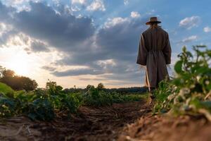 Scarecrow in a field at sunset. A straw scarecrow, back to camera, walks a dirt path through a cultivated field under a cloudy sky at sunset photo