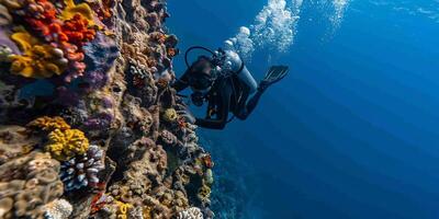 Underwater diver exploring vibrant coral reef photo