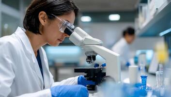 Focused scientist using microscope in lab. A female researcher intently examines a sample under a microscope in a modern laboratory setting photo