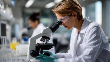 Scientist using microscope in lab. Focused researcher examining sample under microscope. Two researchers working in a modern lab photo