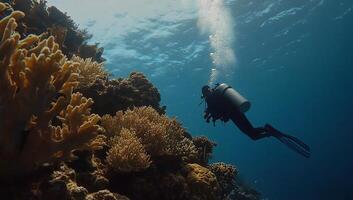 Diver explores vibrant coral reef. Sunlight streams through water photo