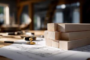 Wooden blocks stacked on blueprints in a workshop photo