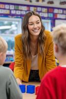 Engaging teacher interacting with young students, likely during a lesson involving colorful blocks photo
