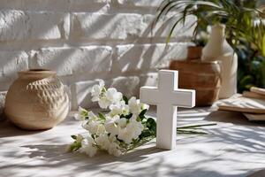 White cross and flowers on a light wooden surface, with sunlight and shadows falling on a brick wall photo