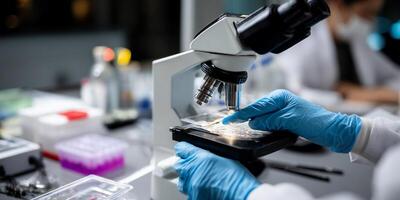 Lab technician using a microscope to examine a sample photo