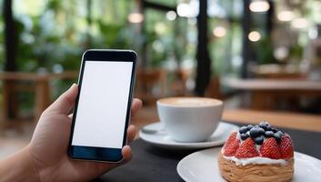 Smartphone in hand, cafe setting with coffee and pastry. Empty screen, ready for content photo