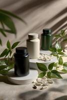 Natural supplements in elegant jars, surrounded by greenery. Capsule pills on display, showcasing health and wellness photo