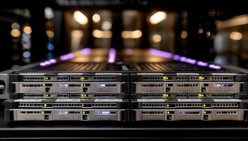 Server racks with glowing lights, closeup view of technological components photo