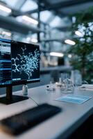 Modern lab workspace with computer displaying complex molecular structure photo
