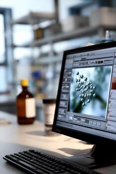 Computer monitor displays molecule image in a lab setting photo