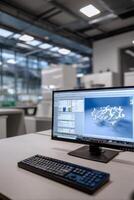 Modern computer workstation in a bright, industrial-style lab, featuring 3D design software on the screen photo