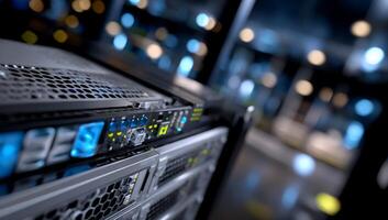 Server rack in a data center, showing ventilation and components. Close-up view of server equipment photo