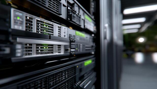 Server racks in a data center. Close up of multiple server units. Network infrastructure photo