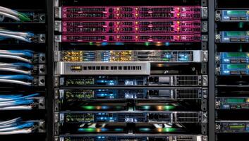 Network rack servers with colored lights and cables. Multiple servers in a server rack, interconnected by network cables. Different colored lights illuminating the components photo