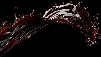 Dark, rich liquid splash, swirling in graceful arc against a black background. Detailed liquid curves and droplets photo