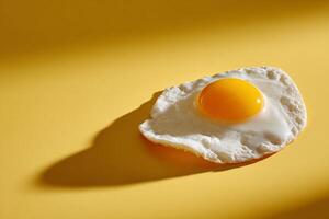 Fried egg on a vibrant yellow background. A single fried egg sits on a plain yellow surface, with a prominent, runny yolk and a slightly browned, cooked white. The lighting casts a subtle shadow photo