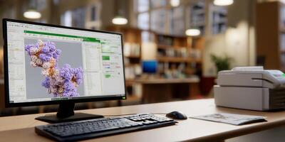 Molecular modeling software displayed on computer in a library setting photo