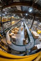 High-angle view of automated conveyor system in a large warehouse. Boxes move along the system photo