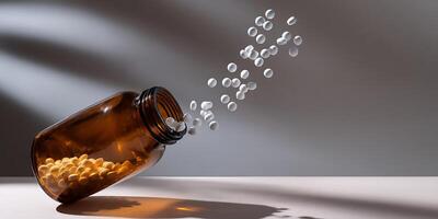 A bottle filled with pills falling out of it photo