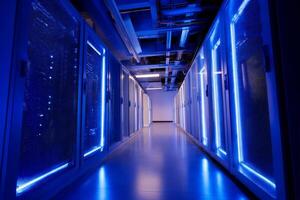 Modern server room, blue light accents. Rows of server cabinets, high tech, secure photo