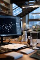 Modern workstation with computer displaying complex molecule graphic. Various medical supplies and documents on the table photo