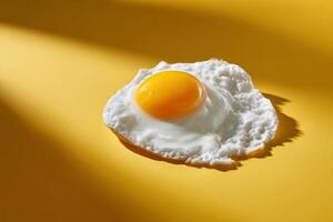 Single fried egg on a yellow background. Sunny highlights create a dramatic effect. The yolk is centered and cooked through photo