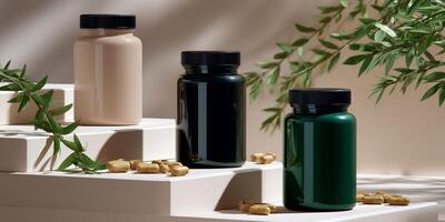 Three bottles of supplements on tiered display, with natural greenery and golden capsules photo