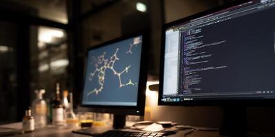 Two computer monitors displaying complex data, one with molecular structures, the other with code photo