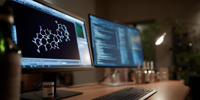 Two computer monitors display complex molecular structures and code, illuminating a research workspace photo