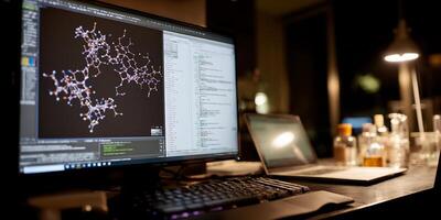 Molecular modeling software display on a computer photo