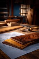 Wooden planks stacked on workbench in carpentry workshop. Detailed view of different colored wood samples, tools, and blueprints photo